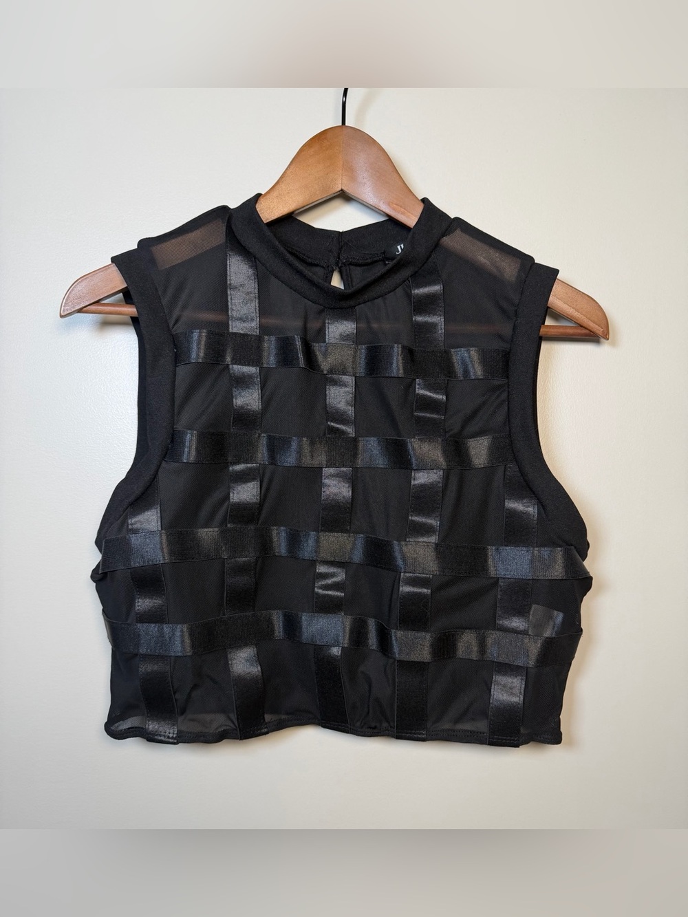 Julia by Love J  |  Mesh Grid Mock Neck Crop Top, Like New - Black / Size XL